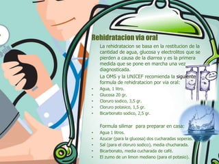 Rehidratacion via oral
La rehidratacion se basa en la restitucion de la
cantidad de agua, glucosa y electrolitos que se
pierden a causa de la diarrea y es la primera
medida que se pone en marcha una vez
diagnosticada.
La OMS y la UNICEF recomienda la siguiente
formula de rehidratacion por via oral:
•
•
•
•
•

Agua, 1 litro.
Glucosa 20 gr.
Cloruro sodico, 3,5 gr.
Cloruro potasico, 1,5 gr.
Bicarbonato sodico, 2,5 gr.

Formula silimar para preparar en casa:
•
•
•
•
•

Agua 1 litros.
Azucar (para la glucosa) dos cucharadas soperas.
Sal (para el cloruro sodico), media chucharada.
Bicarbonato, media cucharada de café.
El zumo de un limon mediano (para el potasio).

 