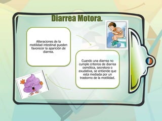 Diarrea Motora.
Alteraciones de la
motilidad intestinal pueden
favorecer la aparición de
diarrea.
Cuando una diarrea no
cumple criterios de diarrea
osmótica, secretora o
exudativa, se entiende que
esta mediada por un
trastorno de la motilidad.

 