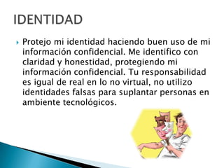  Protejo mi identidad haciendo buen uso de mi
información confidencial. Me identifico con
claridad y honestidad, protegiendo mi
información confidencial. Tu responsabilidad
es igual de real en lo no virtual, no utilizo
identidades falsas para suplantar personas en
ambiente tecnológicos.
 