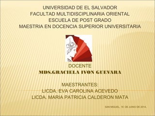 DOCENTE
MDS.GRACIELA IVON GUEVARA
MAESTRANTES:
LICDA. EVA CAROLINA ACEVEDO
LICDA. MARIA PATRICIA CALDERON MATA
SAN MIGUEL, 16 DE JUNIO DE 2014.
UNIVERSIDAD DE EL SALVADOR
FACULTAD MULTIDISCIPLINARIA ORIENTAL
ESCUELA DE POST GRADO
MAESTRIA EN DOCENCIA SUPERIOR UNIVERSITARIA
 