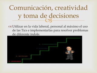 
Utilizar en la vida laboral, personal al máximo el uso
de las Tics e implementarlas para resolver problemas
de diferente índole.
Comunicación, creatividad
y toma de decisiones