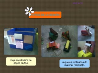 ANEXOS
FOTOS DE LA SESIÓN
Caja recicladora de
papel, cartón. Juguetes realizados de
material reciclable.
 