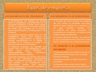 • 1) Microempresa: son aquellas que poseen 
hasta 10 trabajadores y generalmente son de 
propiedad individual, su dueño suele trabajar 
en esta y su facturación es más bien reducida. 
No tienen gran incidencia en el mercado, 
tienen pocos equipos y la fabricación es casi 
artesanal. 
• 2) Pequeñas empresas: poseen entre 11 y 49 
trabajadores, tienen como objetivo ser 
rentables e independientes, no poseen una 
elevada especialización en el trabajo, su 
actividad no es intensiva en capital y sus 
recursos financieros son limitados. 
• 3) Medianas Empresas: son aquellas que 
poseen entre 50 y 250 trabajadores, suelen 
tener áreas cuyas funciones y 
responsabilidades están delimitadas, 
comúnmente, tienen sindicato. 
• 4) Grandes empresas: son aquellas que tienen 
más de 250 trabajadores, generalmente 
tienen instalaciones propias, sus ventas son 
muy elevadas y sus trabajadores están 
sindicalizados. Además, estas empresas 
tienen posibilidades de acceder a préstamos y 
créditos importantes. 
• 
• 1) Empresas del sector primario: son aquellas 
que, para realizar sus actividades, usan algún 
elemento básico extraído de la naturaleza, ya 
sea agua, minerales, petróleo, etc. 
2) Empresas del sector secundario: se 
caracterizan por transformar a la materia prima 
mediante algún procedimiento. 
• 3) Empresas del sector terciario: son empresas 
en que la capacidad humana para hacer tareas 
físicas e intelectuales son su elemento principal. 
• 1) Empresas públicas: son aquellas en las que el 
capital proviene del Estado, ya sea municipal, 
provincial o nacional. 
• 2) Empresas privadas: su capital proviene de 
particulares. 
• 3) Empresas mixtas: en este caso, el capital 
proviene tanto de particulares como del Estado. 
 