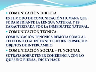  COMUNICACIÓN DIRECTA 
ES EL MODO DE COMUNICACIÓN HUMANA QUE 
SE DA MEDIANTE LA LENGUA NATURAL Y ES 
CARACTERIZADA POR LA INMEDIATEZ NATURAL. 
 COMUNICACIÓN TECNICA 
COMUNICACIÓN TENCNICA REMOTA COMO AL 
TELEFONO O AL INTERNET PUEDEN PERSEGUIR 
OBJETOS DE INTERCAMBIO 
 COMUNICACIÓN SOCIAL – FUNCIONAL 
SE TRATA SOBRE TENER COHERENCIA CON LO 
QUE UNO PIENSA , DICE Y HACE 
 