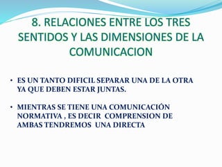 8. RELACIONES ENTRE LOS TRES 
SENTIDOS Y LAS DIMENSIONES DE LA 
COMUNICACION 
• ES UN TANTO DIFICIL SEPARAR UNA DE LA OTRA 
YA QUE DEBEN ESTAR JUNTAS. 
• MIENTRAS SE TIENE UNA COMUNICACIÓN 
NORMATIVA , ES DECIR COMPRENSION DE 
AMBAS TENDREMOS UNA DIRECTA 
 