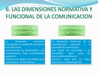 6. LAS DIMENSIONES NORMATIVA Y 
FUNCIONAL DE LA COMUNICACION 
DIMENSION 
NORMATIVA 
La dimensión normativa 
corresponde al sentido de compartir, 
es el ideal de la 
comunicación de intercambiar y de 
comprenderse. Toda comunicación 
supone la 
existencia de reglas y de códigos para 
comunicarse, de normativas. 
DIMENSION 
FUNCIONAL 
La dimensión funcional de la 
comunicación responde a la 
necesidad de comunicarse 
que tienen las economías y las 
sociedades, tanto para los 
intercambios de bienes y 
servicios, como para los flujos 
financieros y administrativos 
 