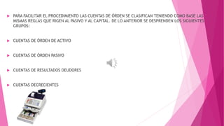  PARA FACILITAR EL PROCEDIMIENTO LAS CUENTAS DE ÓRDEN SE CLASIFICAN TENIENDO COMO BASE LAS 
MISMAS REGLAS QUE RIGEN AL PASIVO Y AL CAPITAL. DE LO ANTERIOR SE DESPRENDEN LOS SIGUIENTES 
GRUPOS: 
 CUENTAS DE ÓRDEN DE ACTIVO 
 CUENTAS DE ÓRDEN PASIVO 
 CUENTAS DE RESULTADOS DEUDORES 
 CUENTAS DECRECIENTES 
 