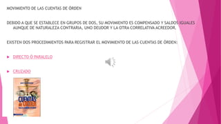 MOVIMIENTO DE LAS CUENTAS DE ÓRDEN 
DEBIDO A QUE SE ESTABLECE EN GRUPOS DE DOS, SU MOVIMIENTO ES COMPENSADO Y SALDOS IGUALES 
AUNQUE DE NATURALEZA CONTRARIA, UNO DEUDOR Y LA OTRA CORRELATIVA ACREEDOR. 
EXISTEN DOS PROCEDIMIENTOS PARA REGISTRAR EL MOVIMIENTO DE LAS CUENTAS DE ÓRDEN: 
 DIRECTO Ó PARALELO 
 CRUZADO 
 