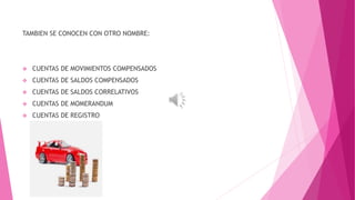 TAMBIEN SE CONOCEN CON OTRO NOMBRE: 
 CUENTAS DE MOVIMIENTOS COMPENSADOS 
 CUENTAS DE SALDOS COMPENSADOS 
 CUENTAS DE SALDOS CORRELATIVOS 
 CUENTAS DE MOMERANDUM 
 CUENTAS DE REGISTRO 
 