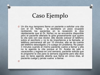 Caso Ejemplo 
O Un día muy temprano llama un paciente a solicitar una cita 
con el Dr. Núñez , la secretaria un poco ocupada 
recibiendo los pacientes en la recepción le dice 
rápidamente que el Dr. Núñez no se encuentra disponible 
pero el paciente alterado le grita groseramente que quiere 
la cita solo con ese doctor, ella decide colocar el teléfono 
sobre el escritorio y no le da importancia a la llamada, el 
teléfono permanece allí por 10 minutos, ella se da cuenta 
del teléfono descolgado y lo cuelga sin problema. No pasan 
3 minutos cuando el mismo paciente vuelve a llamar y ella 
no le agenda la cita porque el Dr. Acaba de salir a 
vacaciones y regresa en una semana, paciente solicita que 
le programe la cita para la semana siguiente pero ella dice 
que no tiene agenda abierta que llame en cinco días, el 
paciente cuelga y jamás vuelve a llamar. 
O 
 