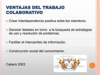 VENTAJAS DEL TRABAJO
COLABORATIVO
 Crear interdependencia positiva entre los miembros.
 Generar debates en torno a la búsqueda de estrategias
de uso y resolución de problemas.
 Facilitar el intercambio de información.
 Construcción social del conocimiento.
Cabero 2003
 