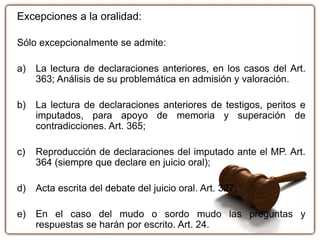 Excepciones a la oralidad:
Sólo excepcionalmente se admite:
a) La lectura de declaraciones anteriores, en los casos del Art.
363; Análisis de su problemática en admisión y valoración.
b) La lectura de declaraciones anteriores de testigos, peritos e
imputados, para apoyo de memoria y superación de
contradicciones. Art. 365;
c) Reproducción de declaraciones del imputado ante el MP. Art.
364 (siempre que declare en juicio oral);
d) Acta escrita del debate del juicio oral. Art. 327;
e) En el caso del mudo o sordo mudo las preguntas y
respuestas se harán por escrito. Art. 24.
 