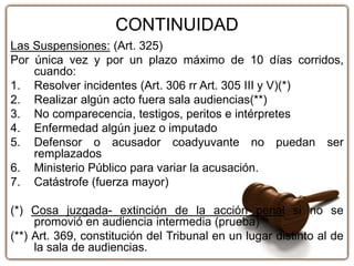 CONTINUIDAD
Las Suspensiones: (Art. 325)
Por única vez y por un plazo máximo de 10 días corridos,
cuando:
1. Resolver incidentes (Art. 306 rr Art. 305 III y V)(*)
2. Realizar algún acto fuera sala audiencias(**)
3. No comparecencia, testigos, peritos e intérpretes
4. Enfermedad algún juez o imputado
5. Defensor o acusador coadyuvante no puedan ser
remplazados
6. Ministerio Público para variar la acusación.
7. Catástrofe (fuerza mayor)
(*) Cosa juzgada- extinción de la acción penal si no se
promovió en audiencia intermedia (prueba)
(**) Art. 369, constitución del Tribunal en un lugar distinto al de
la sala de audiencias.
 