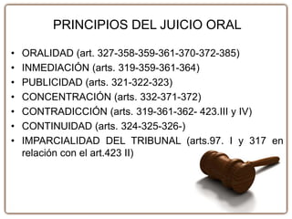 PRINCIPIOS DEL JUICIO ORAL
• ORALIDAD (art. 327-358-359-361-370-372-385)
• INMEDIACIÓN (arts. 319-359-361-364)
• PUBLICIDAD (arts. 321-322-323)
• CONCENTRACIÓN (arts. 332-371-372)
• CONTRADICCIÓN (arts. 319-361-362- 423.III y IV)
• CONTINUIDAD (arts. 324-325-326-)
• IMPARCIALIDAD DEL TRIBUNAL (arts.97. I y 317 en
relación con el art.423 II)
 