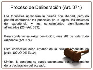 Proceso de Deliberación (Art. 371)
Los tribunales apreciarán la prueba con libertad, pero no
podrán contradecir los principios de la lógica, las máximas
de experiencia y los conocimientos científicamente
afianzados (20 - Art. 333);
Para condenar se exige convicción, más allá de toda duda
razonable (Art. 374);
Esta convicción debe emanar de la prueba producida en
juicio, SOLO DE ELLA;
Límite: la condena no puede sustentarse sólo en le mérito
de la declaración del acusado.
 