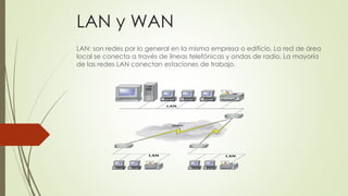 LAN y WAN
LAN: son redes por lo general en la misma empresa o edificio. La red de área
local se conecta a través de líneas telefónicas y ondas de radio. La mayoría
de las redes LAN conectan estaciones de trabajo.
 