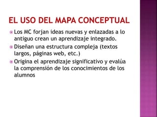  Los MC forjan ideas nuevas y enlazadas a lo
antiguo crean un aprendizaje integrado.
 Diseñan una estructura compleja (textos
largos, páginas web, etc.)
 Origina el aprendizaje significativo y evalúa
la comprensión de los conocimientos de los
alumnos
 