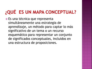  Es una técnica que representa
simultáneamente una estrategia de
aprendizaje, un método para captar lo más
significativo de un tema o un recurso
esquemático para representar un conjunto
de significados conceptuales, incluidos en
una estructura de proposiciones.
 