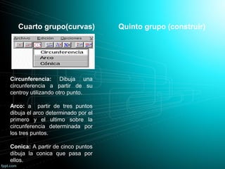 Cuarto grupo(curvas) Quinto grupo (construir)
Circunferencia: Dibuja una
circunferencia a partir de su
centroy utilizando otro punto.
Arco: a partir de tres puntos
dibuja el arco determinado por el
primero y el ultimo sobre la
circunferencia determinada por
los tres puntos.
Conica: A partir de cinco puntos
dibuja la conica que pasa por
ellos.
 