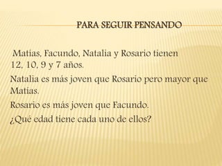 PARA SEGUIR PENSANDO
Matías, Facundo, Natalia y Rosario tienen
12, 10, 9 y 7 años.
Natalia es más joven que Rosario pero mayor que
Matías.
Rosario es más joven que Facundo.
¿Qué edad tiene cada uno de ellos?
 