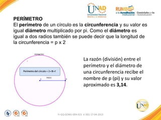 PERÍMETRO
El perímetro de un círculo es la circunferencia y su valor es
igual diámetro multiplicado por pi. Como el diámetro es
igual a dos radios también se puede decir que la longitud de
la circunferencia = p x 2
La razón (división) entre el
perímetro y el diámetro de
una circunferencia recibe el
nombre de p (pi) y su valor
aproximado es 3,14.
FI-GQ-GCMU-004-015 V. 001-17-04-2013
 