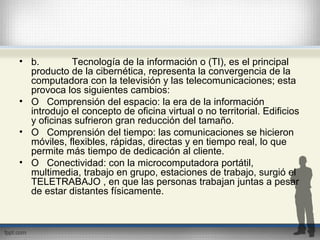 • b. Tecnología de la información o (TI), es el principal
producto de la cibernética, representa la convergencia de la
computadora con la televisión y las telecomunicaciones; esta
provoca los siguientes cambios:
• O Comprensión del espacio: la era de la información
introdujo el concepto de oficina virtual o no territorial. Edificios
y oficinas sufrieron gran reducción del tamaño.
• O Comprensión del tiempo: las comunicaciones se hicieron
móviles, flexibles, rápidas, directas y en tiempo real, lo que
permite más tiempo de dedicación al cliente.
• O Conectividad: con la microcomputadora portátil,
multimedia, trabajo en grupo, estaciones de trabajo, surgió el
TELETRABAJO , en que las personas trabajan juntas a pesar
de estar distantes físicamente.
 