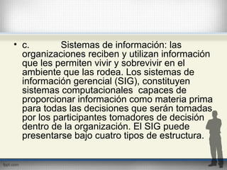 • c. Sistemas de información: las
organizaciones reciben y utilizan información
que les permiten vivir y sobrevivir en el
ambiente que las rodea. Los sistemas de
información gerencial (SIG), constituyen
sistemas computacionales capaces de
proporcionar información como materia prima
para todas las decisiones que serán tomadas
por los participantes tomadores de decisión
dentro de la organización. El SIG puede
presentarse bajo cuatro tipos de estructura.
 