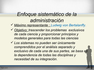 Enfoque sistemático de la
administración
 Máximo representante : Ludwig von Bertalanffy.
 Objetivo: trascender los problemas exclusivos
de cada ciencia y proporcionar principios y
modelos generales para todas las ciencias
 Los sistemas no pueden ser únicamente
comprendidos por el análisis separado y
exclusivo de cada una de sus partes, se basa en
la dependencia de todas las disciplinas y
necesidad de su integración.
 