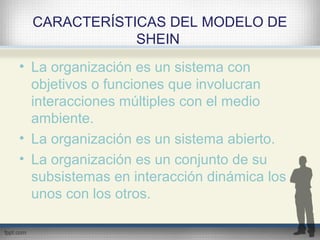 CARACTERÍSTICAS DEL MODELO DE
SHEIN
• La organización es un sistema con
objetivos o funciones que involucran
interacciones múltiples con el medio
ambiente.
• La organización es un sistema abierto.
• La organización es un conjunto de su
subsistemas en interacción dinámica los
unos con los otros.
 