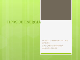TIPOS DE ENERGIA
MUÑOZ CAMACHO DILLAN
STEVEN
SALGADO CHAVERRA
ANDRES FELIPE
 