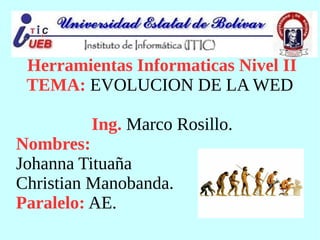 Herramientas Informaticas Nivel II
TEMA: EVOLUCION DE LA WED
Ing. Marco Rosillo.
Nombres:
Johanna Tituaña
Christian Manobanda.
Paralelo: AE.
 