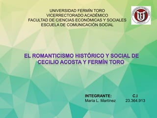 UNIVERSIDAD FERMÍN TORO
VICERRECTORADO ACADÉMICO
FACULTAD DE CIENCIAS ECONÓMICAS Y SOCIALES
ESCUELA DE COMUNICACIÓN SOCIAL
INTEGRANTE: C.I
María L. Martínez 23.364.913
 