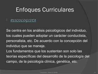 Enfoques Curriculares
 PSICOLOGISTA
Se centra en los análisis psicológicos del individuo, 
los cuales pueden adoptar un carácter conductista, 
personalista, etc. De acuerdo con la concepción del 
individuo que se maneje. 
Los fundamentos que los sustentan son solo las 
teorías específicas del desarrollo de la psicología del 
campo, de la psicología clínica, genética, etc.
15Expositora   Santa M. Morillo
 