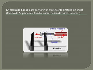 En forma de hélice para convertir un movimiento giratorio en lineal
(tornillo de Arquímedes, tornillo, sinfín, hélice de barco, tobera...)
 
