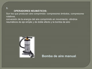 5.
OPERADORES NEUMÁTICOS:
Son los que producen aire comprimido: compresores émbolos, compresores
rotativos.
conversión de la energía del aire comprimido en movimiento: cilindros
neumáticos de eje simple y de doble efecto y la bomba de aire:
Bomba de aire manual.
 