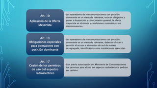 •Los operadores de telecomunicaciones con posición
dominante en un mercado relevante, estarán obligados a
poner a disposición y conocimiento general, la oferta
mayorista en términos y condiciones razonables y no
discriminatorios.
Art. 10
Aplicación de la Oferta
Mayorista
•Los operadores de telecomunicaciones con posición
dominante en un mercado relevante, deberán ofrecer y
permitir el acceso a elementos de red de manera
desagregada, identificados como instalaciones esenciales.
Art. 13
Obligaciones especiales
para operadores con
posición dominante
•Con previa autorización del Ministerio de Comunicaciones
los permisos para el uso del espectro radioeléctrico podrían
ser cedidos.
Art. 17
Cesión de los permisos
de uso del espectro
radioeléctrico
 