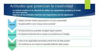 Actitudes que potencian la creatividad
Voluntad
• Implica no tener miedo a equivocarse o a no ser comprendido
• Se podría definir como “actuar contra corriente”
Perseverancia
• Sin esta actitud no es posible conseguir logros creativos
• Es necesario el dominio de un campo y la constancia en el trabajo
Confianza y
autoestima
• Creer en las capacidades personales y tener fe en las ideas propias
• Sin confianza en uno mismo es imposible defender ideas nuevas
La actitud creativa es la libertad de utilizar las capacidades propias y el modo
en cómo hacerlo.
Algunas de las actitudes creativas mas importantes son las siguientes:
 