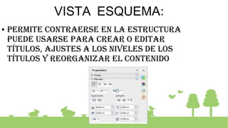VISTA ESQUEMA:
● Permite contraerse en la estructura
Puede usarse Para crear o editar
títulos, ajustes a los niveles de los
títulos y reorganizar el contenido
 