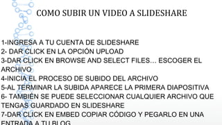 1-INGRESA A TU CUENTA DE SLIDESHARE
2- DAR CLICK EN LA OPCIÓN UPLOAD
3-DAR CLICK EN BROWSE AND SELECT FILES… ESCOGER EL
ARCHIVO
4-INICIA EL PROCESO DE SUBIDO DEL ARCHIVO
5-AL TERMINAR LA SUBIDA APARECE LA PRIMERA DIAPOSITIVA
6- TAMBIÉN SE PUEDE SELECCIONAR CUALQUIER ARCHIVO QUE
TENGAS GUARDADO EN SLIDESHARE
7-DAR CLICK EN EMBED COPIAR CÓDIGO Y PEGARLO EN UNA
COMO SUBIR UN VIDEO A SLIDESHARE
 