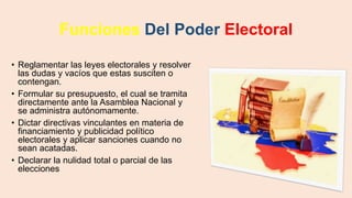Funciones Del Poder Electoral
• Reglamentar las leyes electorales y resolver
las dudas y vacíos que estas susciten o
contengan.
• Formular su presupuesto, el cual se tramita
directamente ante la Asamblea Nacional y
se administra autónomamente.
• Dictar directivas vinculantes en materia de
financiamiento y publicidad político
electorales y aplicar sanciones cuando no
sean acatadas.
• Declarar la nulidad total o parcial de las
elecciones
 