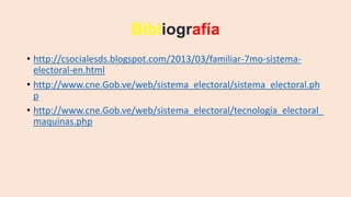 Bibliografía
• http://csocialesds.blogspot.com/2013/03/familiar-7mo-sistema-
electoral-en.html
• http://www.cne.Gob.ve/web/sistema_electoral/sistema_electoral.ph
p
• http://www.cne.Gob.ve/web/sistema_electoral/tecnología_electoral_
maquinas.php
 