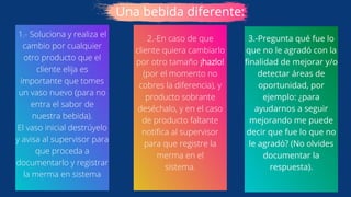 Una bebida diferente:
1.- Soluciona y realiza el
cambio por cualquier
otro producto que el
cliente elija es
importante que tomes
un vaso nuevo (para no
entra el sabor de
nuestra bebida).
El vaso inicial destrúyelo
y avisa al supervisor para
que proceda a
documentarlo y registrar
la merma en sistema
2.-En caso de que
cliente quiera cambiarlo
por otro tamaño ¡hazlo!
(por el momento no
cobres la diferencia), y
producto sobrante
deséchalo, y en el caso
de producto faltante
notifica al supervisor
para que registre la
merma en el
sistema.
3.-Pregunta qué fue lo
que no le agradó con la
finalidad de mejorar y/o
detectar áreas de
oportunidad, por
ejemplo: ¿para
ayudarnos a seguir
mejorando me puede
decir que fue lo que no
le agradó? (No olvides
documentar la
respuesta).
 