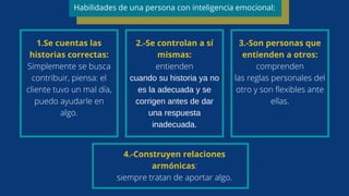 1.Se cuentas las
historias correctas:
Simplemente se busca
contribuir, piensa: el
cliente tuvo un mal día,
puedo ayudarle en
algo.
2.-Se controlan a sí
mismas:
entienden
cuando su historia ya no
es la adecuada y se
corrigen antes de dar
una respuesta
inadecuada.
3.-Son personas que
entienden a otros:
comprenden
las reglas personales del
otro y son flexibles ante
ellas.
4.-Construyen relaciones
armónicas:
siempre tratan de aportar algo.
Habilidades de una persona con inteligencia emocional:
 