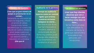 Exceso de quejas:
Creer que un gran número de
quejas se presentarán no es
verdad...
Diariamente nos esforzamos por
estar a la vanguardia y ofrecer
un servicio de calidad.
Gracias a esto, hemos
descubierto que un número muy
reducido de nuestros clientes ha
tenido quejas o peticiones
extraordinarias y estas son las
que debemos atender y
solucionar con La iniciativa.
¡Dile que sí!
Auditoría no lo permite:
Pensar en auditoría
interna como un control
rígido que orienta
nuestras acciones
tampoco es cierto...
Esta área es una de las
que han impulsado la
iniciativa, además a
evolucionado de una
forma muy positiva, pues
el equipo está adaptando
sus lineamientos a la
sociedad en el servicio.
Los clientes son abusivos:
creer que hay clientes
abusivos que van a
sacar ventaja con una
iniciativa como ésta es
falso...
Se han hecho pruebas
que demuestran lo
contrario, de hecho, la
gente que visita el cine y
se excede en sus
peticiones son
excepciones.
 