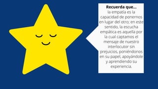 Recuerda que...
la empatía es la
capacidad de ponernos
en lugar del otro; en este
sentido, la escucha
empática es aquella por
la cual captamos el
mensaje de nuestro
interlocutor sin
prejuicios, poniéndonos
en su papel, apoyándole
y aprendiendo su
experiencia.
 