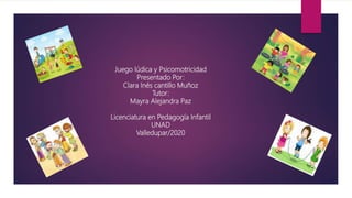 Juego lúdica y Psicomotricidad
Presentado Por:
Clara Inés cantillo Muñoz
Tutor:
Mayra Alejandra Paz
Licenciatura en Pedagogía Infantil
UNAD
Valledupar/2020
 