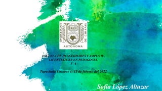 Sofía López Altuzar
ESCUELA DE HUMANIDADES CAMPUS IV,
LICENCIATURA EN PEDAGOGIA.
5º A
Tapachula Chiapas a; 15 de febrero del 2022
 
