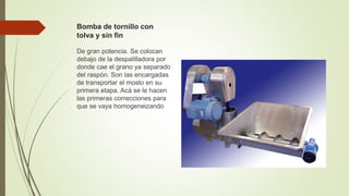 Bomba de tornillo con
tolva y sin fin
De gran potencia. Se colocan
debajo de la despalilladora por
donde cae el grano ya separado
del raspón. Son las encargadas
de transportar el mosto en su
primera etapa. Acá se le hacen
las primeras correcciones para
que se vaya homogeneizando
 