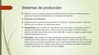 Sistemas de producción
 Debido a que la empresa posee proveedores que le brindan la materia prima y
esta se encarga de transformarla en productos terminados
 Pasos de la producción:
 Después de las operaciones generales de recepción, pesado, lavado y selección
de las uvas, se siguen los siguientes pasos
 Despalillado: que consiste en separar las uvas del raspón o escobajo que es la
estructura herbácea del racimo, esto sirve ya que el raspón contiene mucho
potasio, lo cual resta acidez a los vinos. Además, a veces el raspón puede prestar
sabores herbáceos al vino.
 Estrujado: para extraer el mosto, al estrujar las bayas vamos a tener más
cantidad de mosto, Esto va a permitir extraer mejor el mosto en el caso de la uva
blanca que va a prensa directamente y en el caso de los tintos que van a macerar
a depósito junto con los hollejos (piel de la uva), permitirá una mayor maceración,
al tener más mosto en contacto con los hollejos.
 