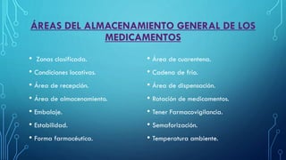 ÁREAS DEL ALMACENAMIENTO GENERAL DE LOS
MEDICAMENTOS
• Zonas clasificada.
• Condiciones locativas.
• Área de recepción.
• Área de almacenamiento.
• Embalaje.
• Estabilidad.
• Forma farmacéutica.
• Área de cuarentena.
• Cadena de frio.
• Área de dispensación.
• Rotación de medicamentos.
• Tener Farmacovigilancia.
• Semaforización.
• Temperatura ambiente.
 